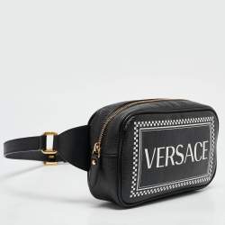 Pre Owned Versace Black Leather Logo Print Belt Bag