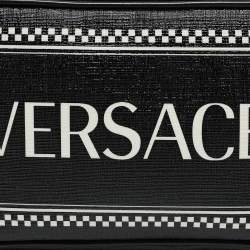 Pre Owned Versace Black Leather Logo Print Belt Bag