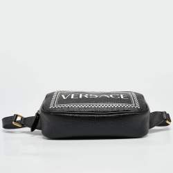 Pre Owned Versace Black Leather Logo Print Belt Bag