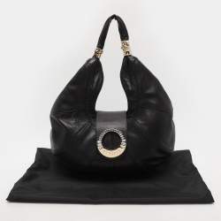 Versace Black Leather Crystal Embellished Flap Hobo