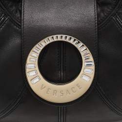 Versace Black Leather Crystal Embellished Flap Hobo