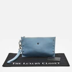 Pre Owned Versace Blue Leather Studded Medusa Wristlet Pouch
