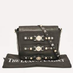 Versace Black Leather Medusa Studded Flap Crossbody Bag