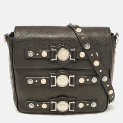 Versace Black Leather Medusa Studded Flap Crossbody Bag