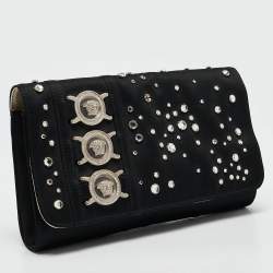 Pre Owned Versace Black Satin Studded Crystals Medusa Logo Clutch
