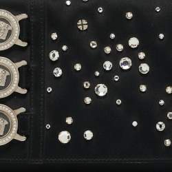 Pre Owned Versace Black Satin Studded Crystals Medusa Logo Clutch