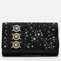 Pre Owned Versace Black Satin Studded Crystals Medusa Logo Clutch