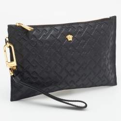 Versace Black Monogram Embossed Leather Medusa Zip Pouch