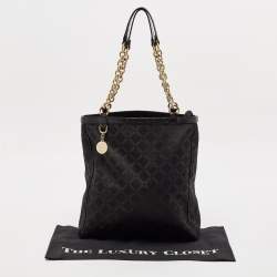 Versace Black Signature Fabric and Croc Embossed Leather Chain Shopper Tote