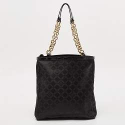 Versace Black Signature Fabric and Croc Embossed Leather Chain Shopper Tote