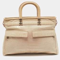 Versace Beige Croc Embossed Leather Front Pocket Shopper Tote