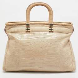Versace Beige Croc Embossed Leather Front Pocket Shopper Tote