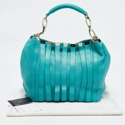 Pre Owned Versace Turquoise Blue Perforated Leather Striped Detail Hobo