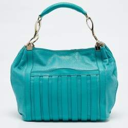 Pre Owned Versace Turquoise Blue Perforated Leather Striped Detail Hobo