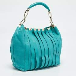 Pre Owned Versace Turquoise Blue Perforated Leather Striped Detail Hobo