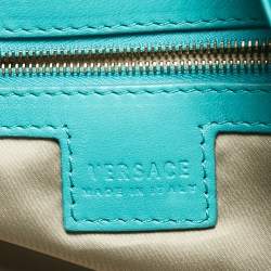 Pre Owned Versace Turquoise Blue Perforated Leather Striped Detail Hobo