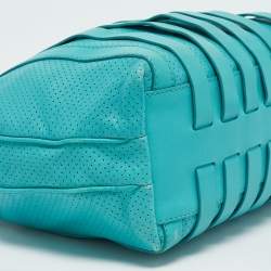 Pre Owned Versace Turquoise Blue Perforated Leather Striped Detail Hobo