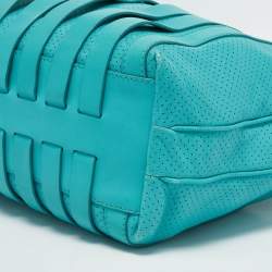 Pre Owned Versace Turquoise Blue Perforated Leather Striped Detail Hobo