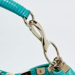 Pre Owned Versace Turquoise Blue Perforated Leather Striped Detail Hobo