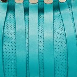 Pre Owned Versace Turquoise Blue Perforated Leather Striped Detail Hobo