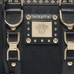 Versace Black/Gold Signature Fabric and Leather Studded Snap Out Of It Satchel