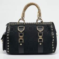 Versace Black/Gold Signature Fabric and Leather Studded Snap Out Of It Satchel