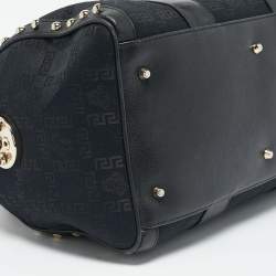 Versace Black/Gold Signature Fabric and Leather Studded Snap Out Of It Satchel