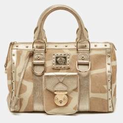 Versace Gold/Beige Calf Hair and Leather Snap Out Of It Satchel