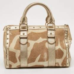 Versace Gold/Beige Calf Hair and Leather Snap Out Of It Satchel