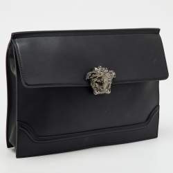 Pre Owned Versace Black Leather Medusa Flap Pouch Clutch