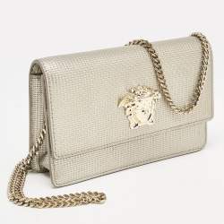 Pre Owned Versace Light Gold Embossed Leather Medusa Chain Shoulder Bag
