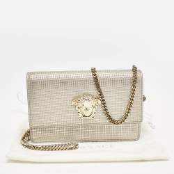 Pre Owned Versace Light Gold Embossed Leather Medusa Chain Shoulder Bag