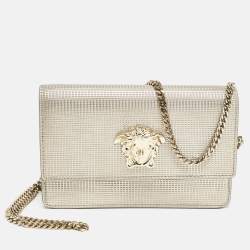 Pre Owned Versace Light Gold Embossed Leather Medusa Chain Shoulder Bag