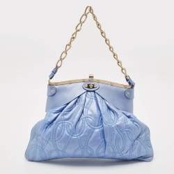 Versace Metallic Light Blue Leather Mirror Frame Chain Shoulder Bag