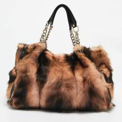 Versace Peach/Choco Brown Fur and Leather Charm Chain Tote
