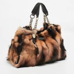 Versace Peach/Choco Brown Fur and Leather Charm Chain Tote