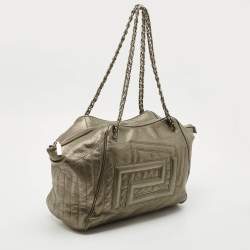 Versace Metallic Greca Embossed Leather Zip Chain Tote