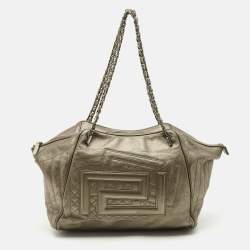 Versace Metallic Greca Embossed Leather Zip Chain Tote