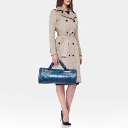 Versace Metallic Blue Croc Embossed Leather Frame Satchel