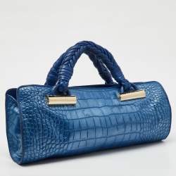 Versace Metallic Blue Croc Embossed Leather Frame Satchel