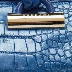 Versace Metallic Blue Croc Embossed Leather Frame Satchel