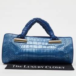 Versace Metallic Blue Croc Embossed Leather Frame Satchel