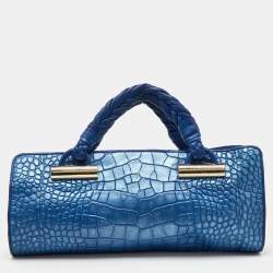 Versace Metallic Blue Croc Embossed Leather Frame Satchel