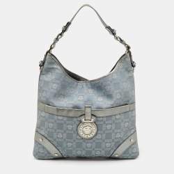 Versace Metallic Silver/Grey Signature Canvas and Leather Medusa Trim Shoulder Bag