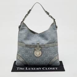 Versace Metallic Silver/Grey Signature Canvas and Leather Medusa Trim Shoulder Bag