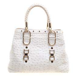 Pre Owned Versace White Ostrich Leather Snap Out Of It Tote