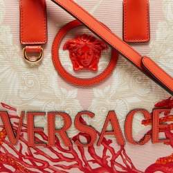 Pre Owned Versace Coral Underwater Barocco Canvas and Leather Small La Medusa Tote