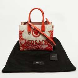 Pre Owned Versace Coral Underwater Barocco Canvas and Leather Small La Medusa Tote