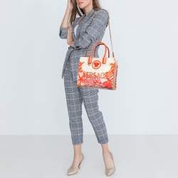 Pre Owned Versace Coral Underwater Barocco Canvas and Leather Small La Medusa Tote