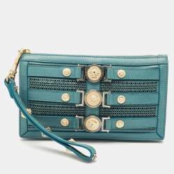 Pre Owned Versace Stone Blue Leather Medusa Wristlet Pouch